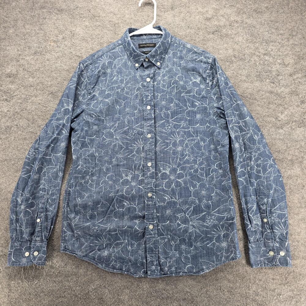 Banana Republic Shirt Mens Medium Blue Chambray Floral Slim Fit Button Front